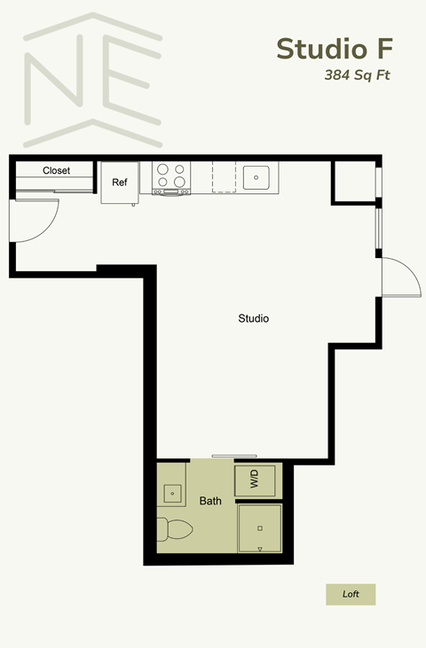 Floor plan for studio, 1 bath, 384 sqft